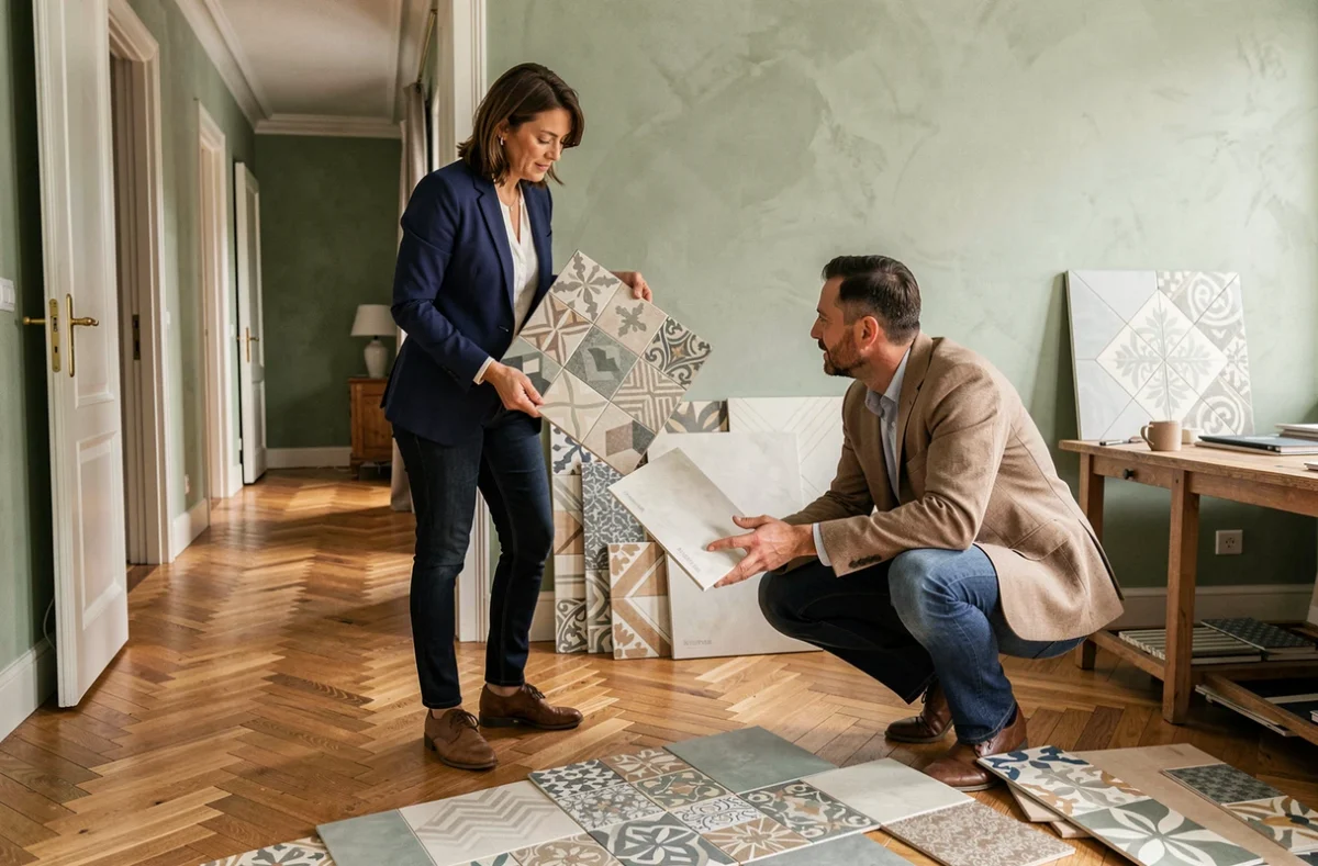 Professionnelle de la décoration intérieure et carreleur discutant d'un projet de carrelage décoratif dans un salon rénové pour Abitat Decor