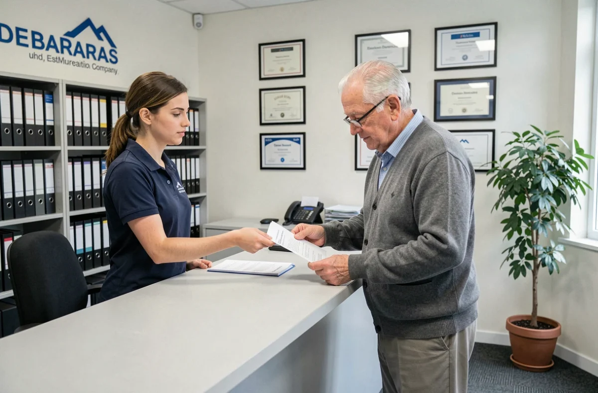 Réceptionniste d'une société de débarras remettant un contrat à un client âgé en agence