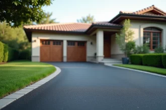 Allée de maison individuelle en enrobé bitumineux noir fraîchement posé, avec bordures en béton et jardin entretenu
