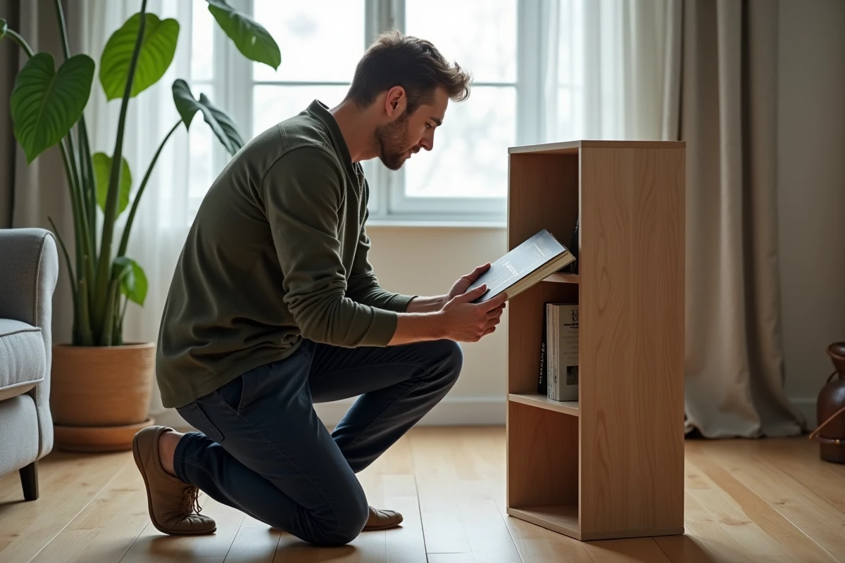Homme rangeant un livre dans un Book Stacker sur pied dans un salon de style scandinave avec parquet clair et plante tropicale