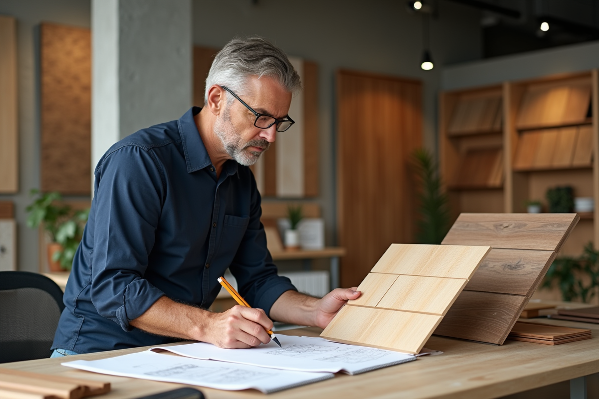 Architecte inspectant des échantillons de panneaux en bois