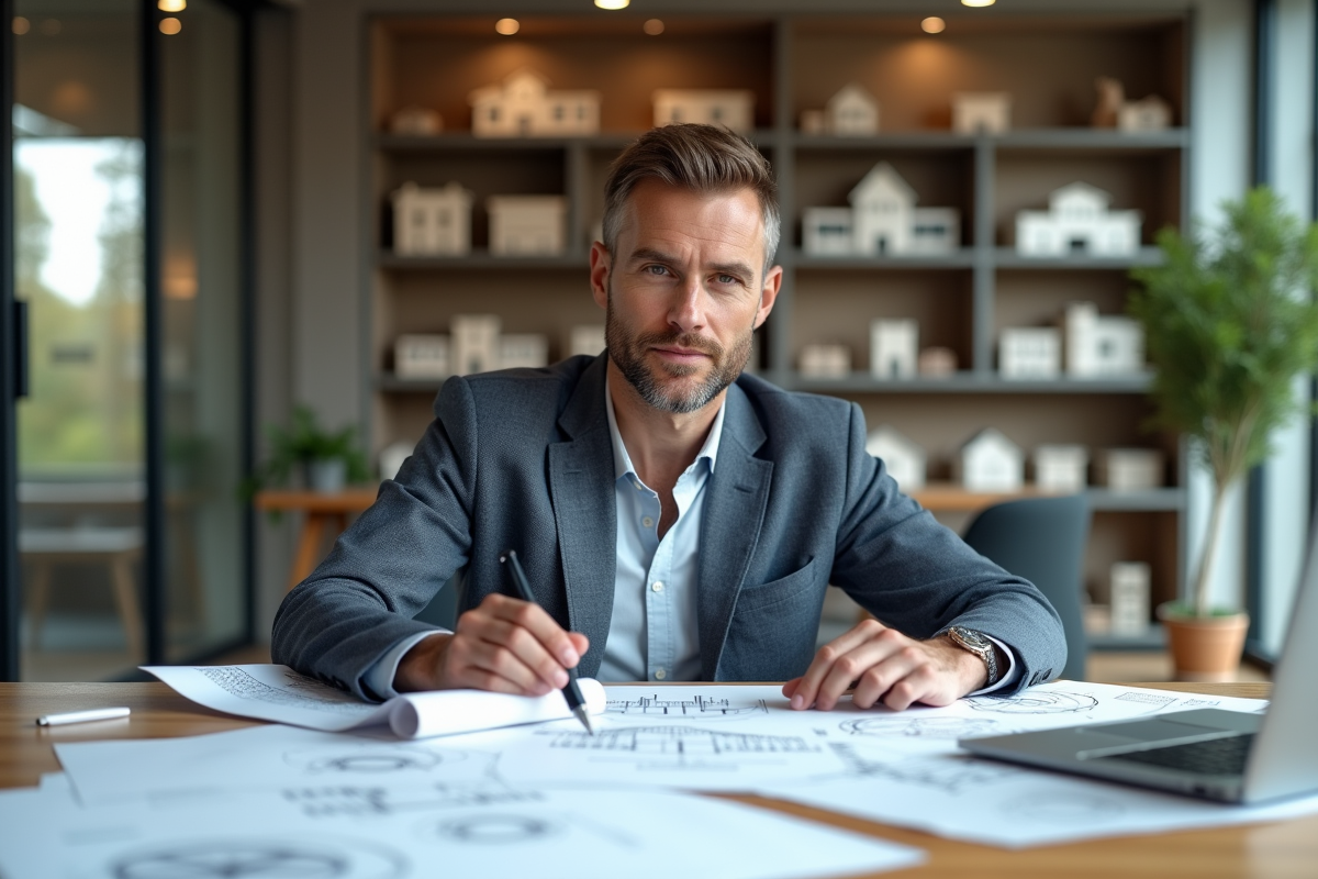 Architecte en intérieur avec plans et modèles architecturaux sur son bureau