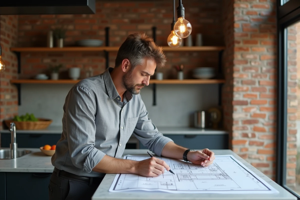 Architecte d'intérieur étudiant des plans près d'une poutre IPN acier brut dans une cuisine rénovée style industriel