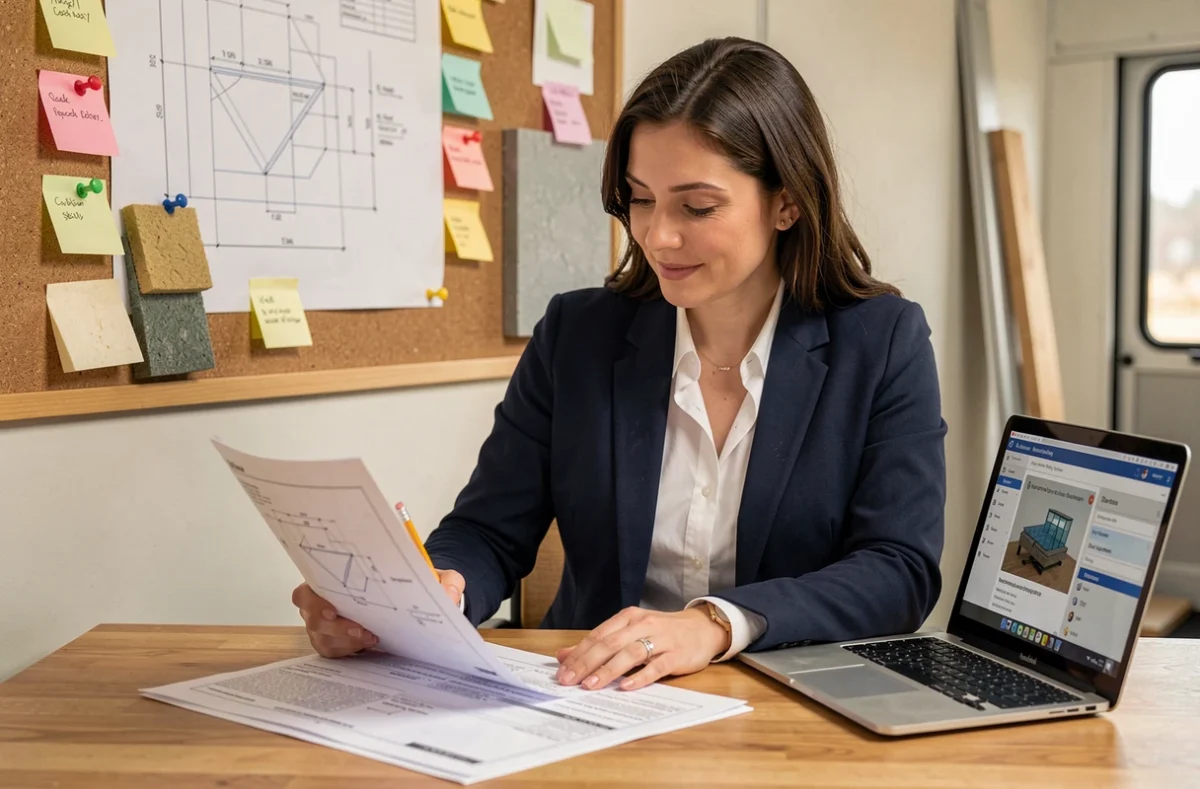 Architecte féminine analysant des spécifications techniques d'isolation dans un bureau de chantier moderne