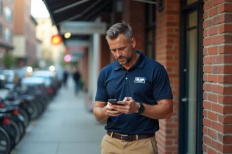 Homme artisan urbain vérifiant une demande sur smartphone