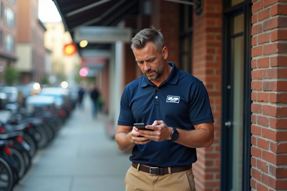 Homme artisan urbain vérifiant une demande sur smartphone