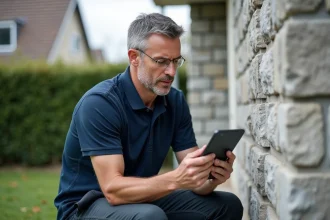 Auditeur énergétique professionnel inspectant l'isolation d'une maison individuelle avec une tablette de mesure thermique lors d'une évaluation HabitatFuturVert