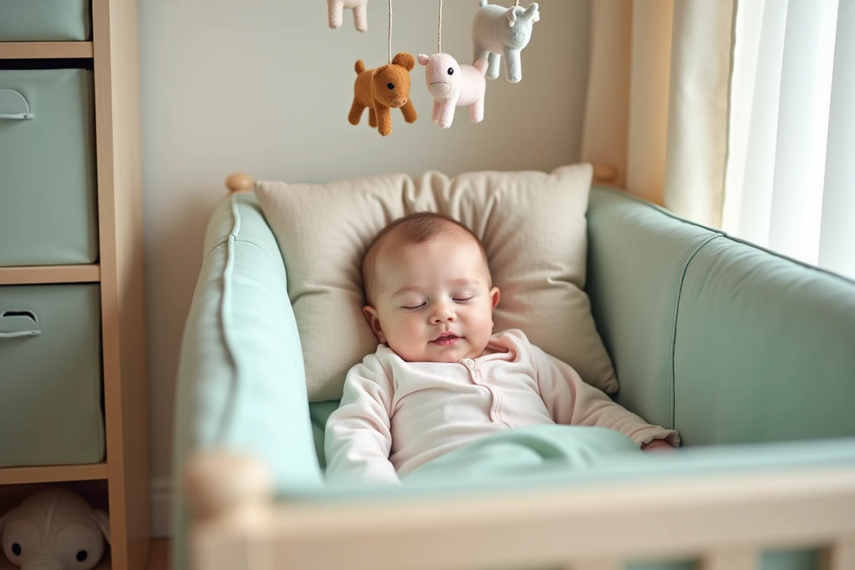 Bebe fille en pastel dans un lit moderne et calme
