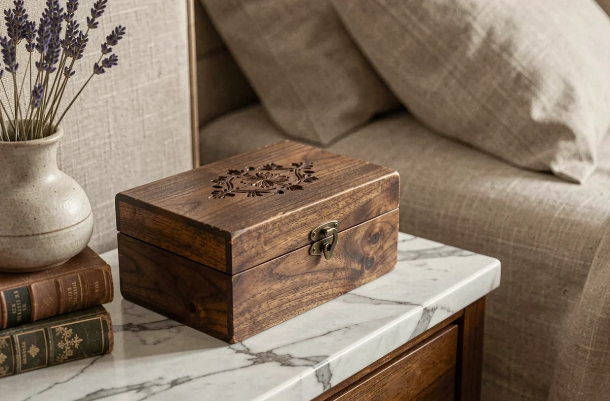 Boîte à bijoux en noyer patiné avec fermoir en laiton posée sur une table de chevet en marbre, entourée de livres anciens et de brins de lavande séchée