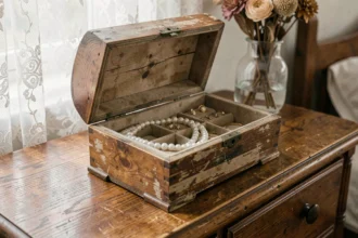Boîte à bijoux vintage en bois patiné ouverte sur une commode ancienne, révélant des colliers de perles et des bagues dorées dans un écrin de velours