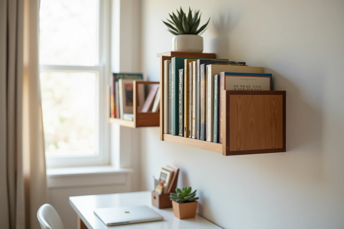Gros plan sur un Book Stacker en bois fixé au mur, compartiments garnis de livres colorés et d'une petite plante succulente dans un bureau minimaliste
