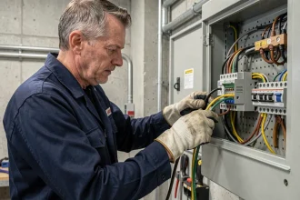 Électricien professionnel réalisant un branchement prise triphasé 4 fils dans un tableau électrique industriel