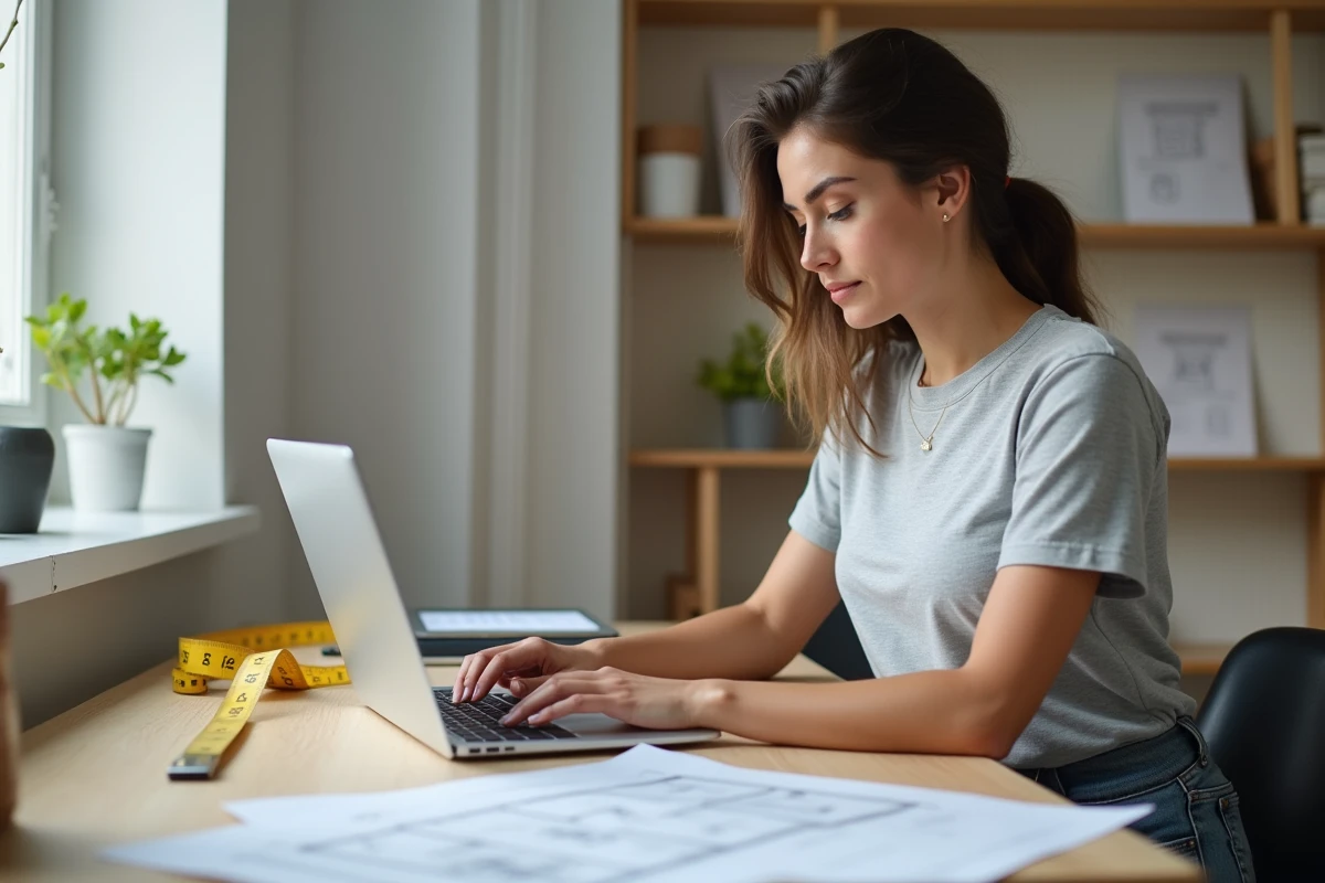 Femme utilisant un calculateur de béton en ligne sur un ordinateur portable avec des plans de construction