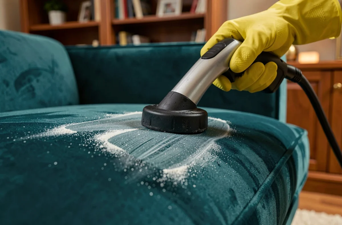 Gros plan sur le nettoyage d'un canapé en velours bleu sarcelle avec une shampouineuse et des gants de protection