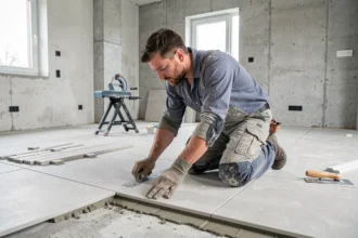 Carreleur professionnel posant du carrelage grand format dans une maison en cours de rénovation en Ille-et-Vilaine