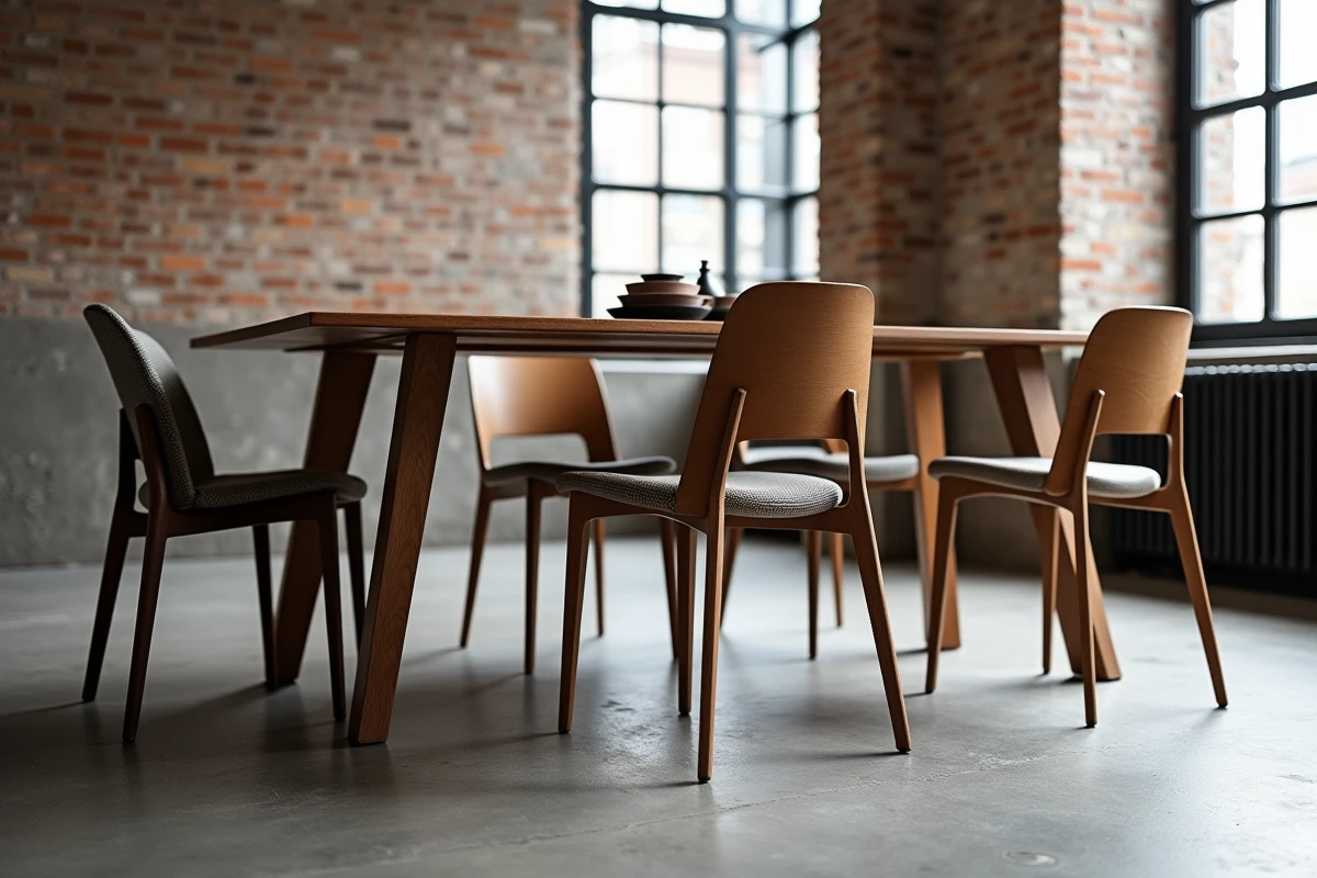 Vue panoramique d'une salle à manger avec plusieurs chaises sous une grande table rectangulaire, mettant en évidence l'uniformité de l'écart entre assise et plateau