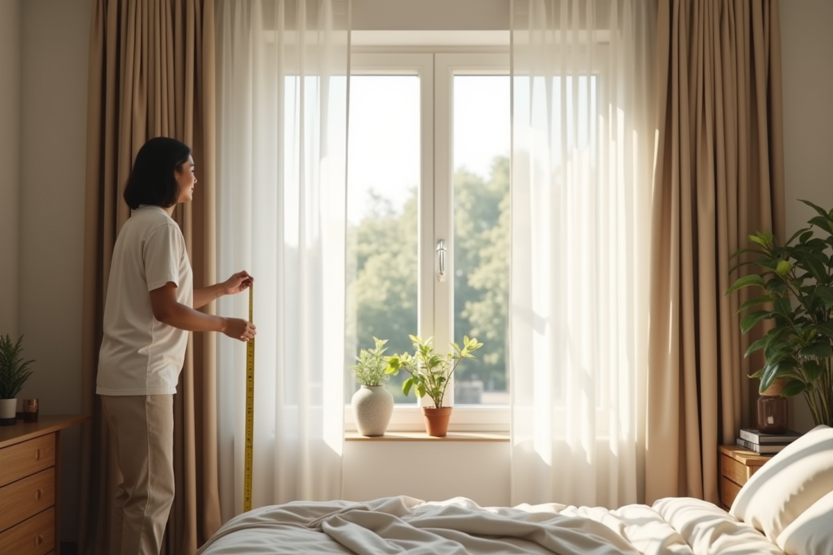 Chambre chaleureuse avec personne mesurant rideaux blancs