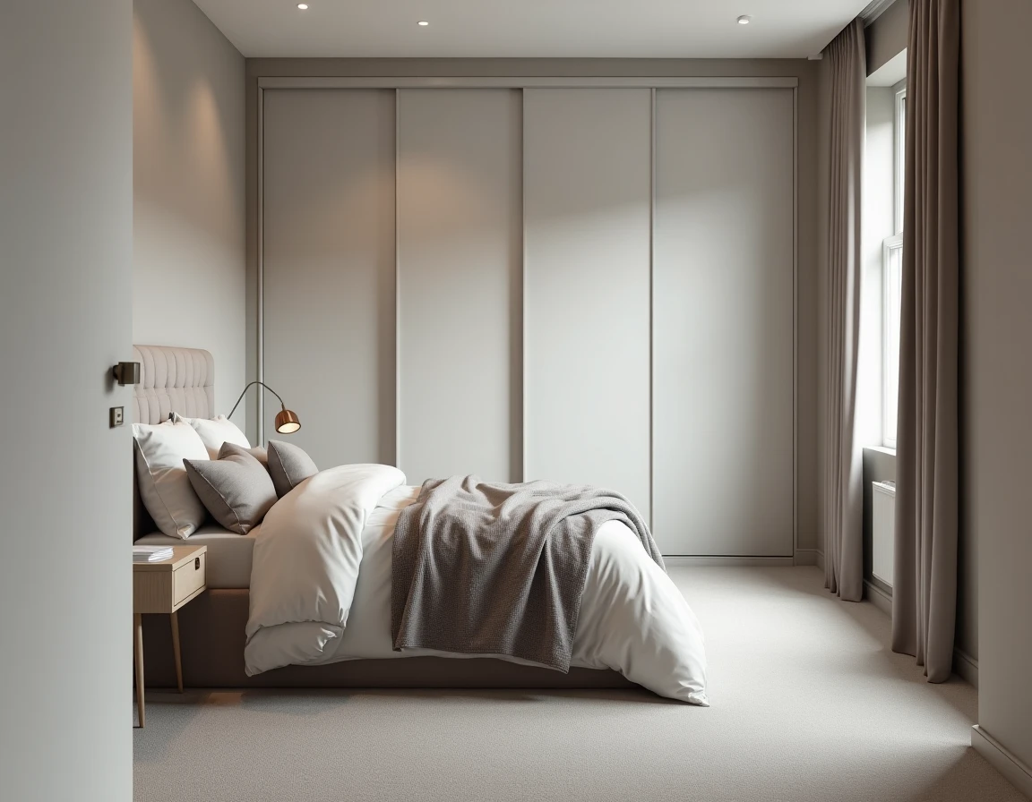 Chambre fonctionnelle dans une maison plain pied 100m2 avec placard intégré et parquet gris clair