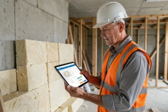 Chef de chantier consultant une plateforme numérique de gestion d'isolation sur tablette dans un bâtiment en construction