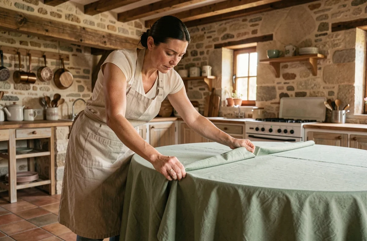 Femme ajustant une nappe verte sur une grande table ronde dans une cuisine rustique française, vérifiant le tombé du tissu pour une table de 10 personnes