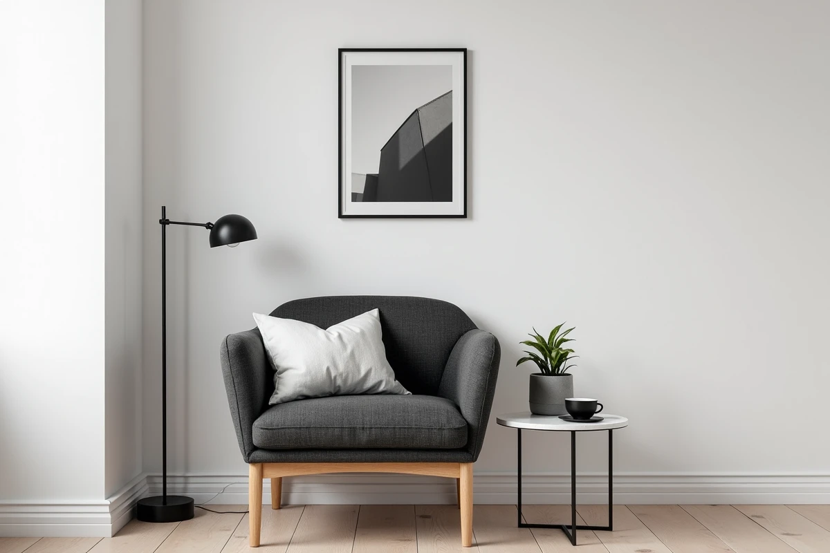 Coin salon scandinave avec fauteuil gris lin, table marbre blanc et lampe de lecture noire