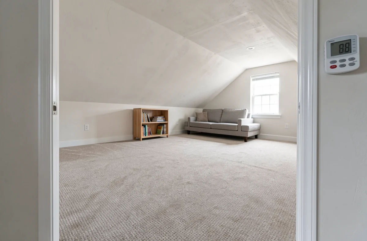 Comble aménagé avec moquette isolante thermique installée sur tout le sol, espace de vie chaleureux sous plafond incliné