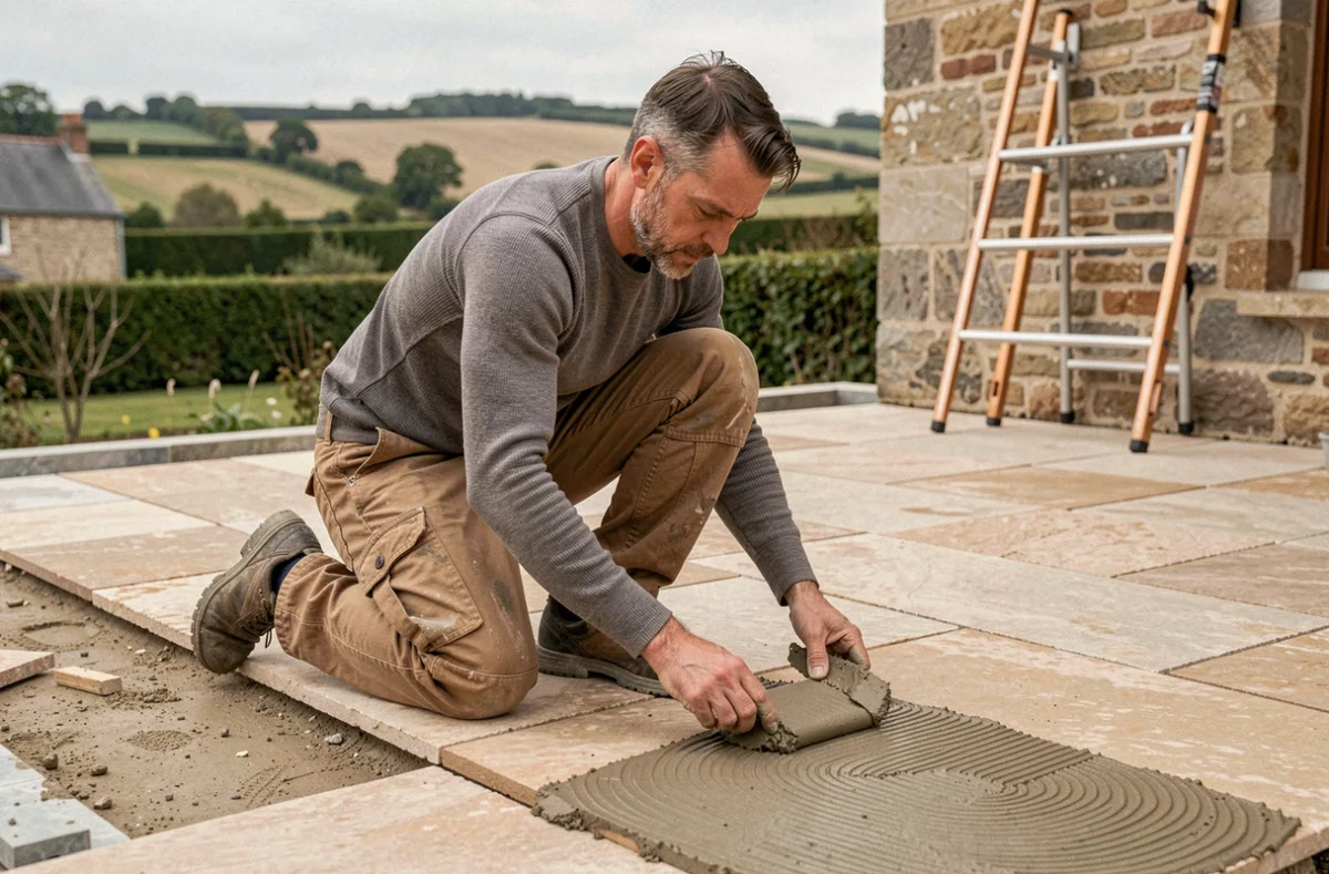 Artisan carreleur posant du carrelage en pierre naturelle sur une terrasse d'une propriété bretonne au sud de Rennes pour Compao