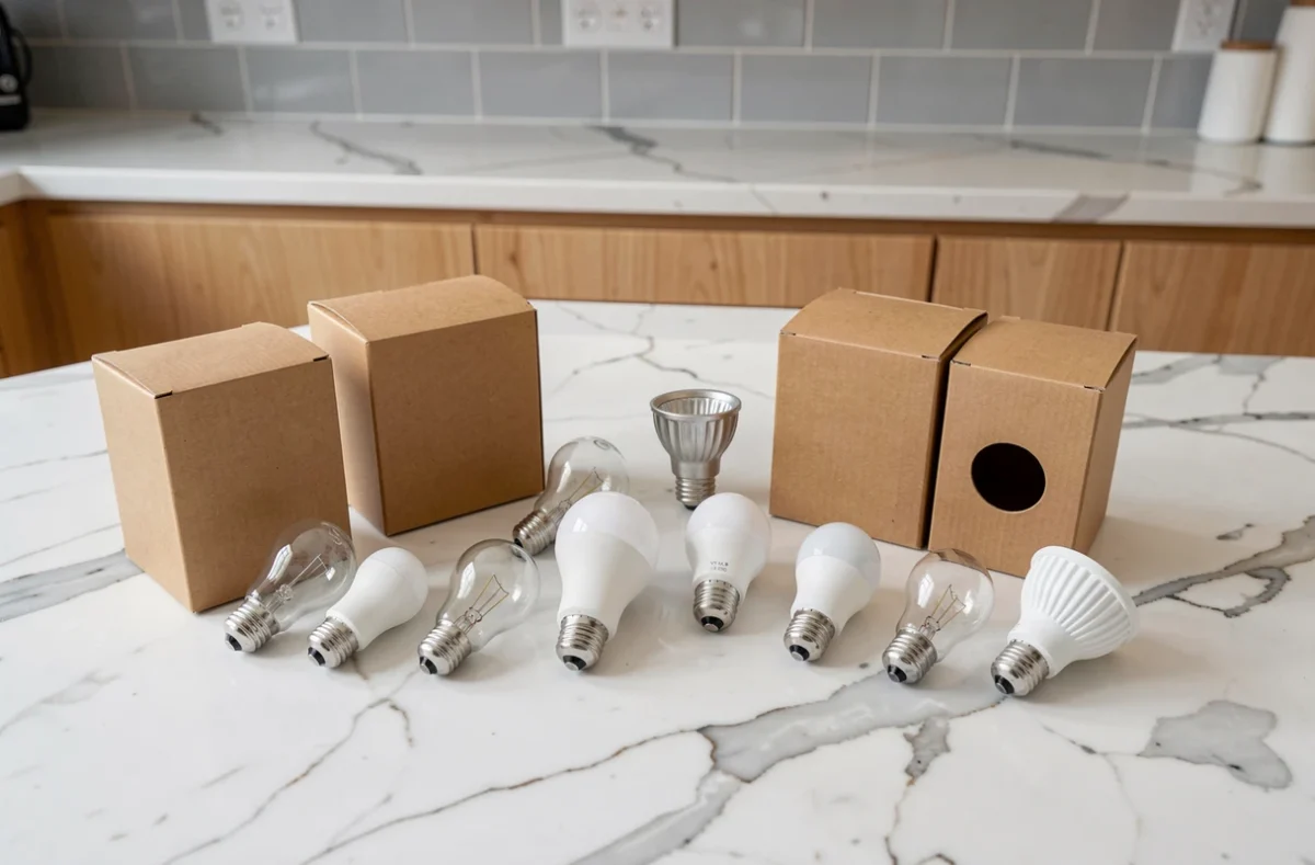 Comparaison de différents culots d'ampoules E14 G9 et GU10 posés sur un plan de travail en marbre