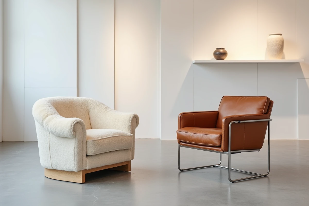Comparaison entre fauteuil scandinave en peau de mouton et fauteuil design cuir cognac dans un showroom moderne