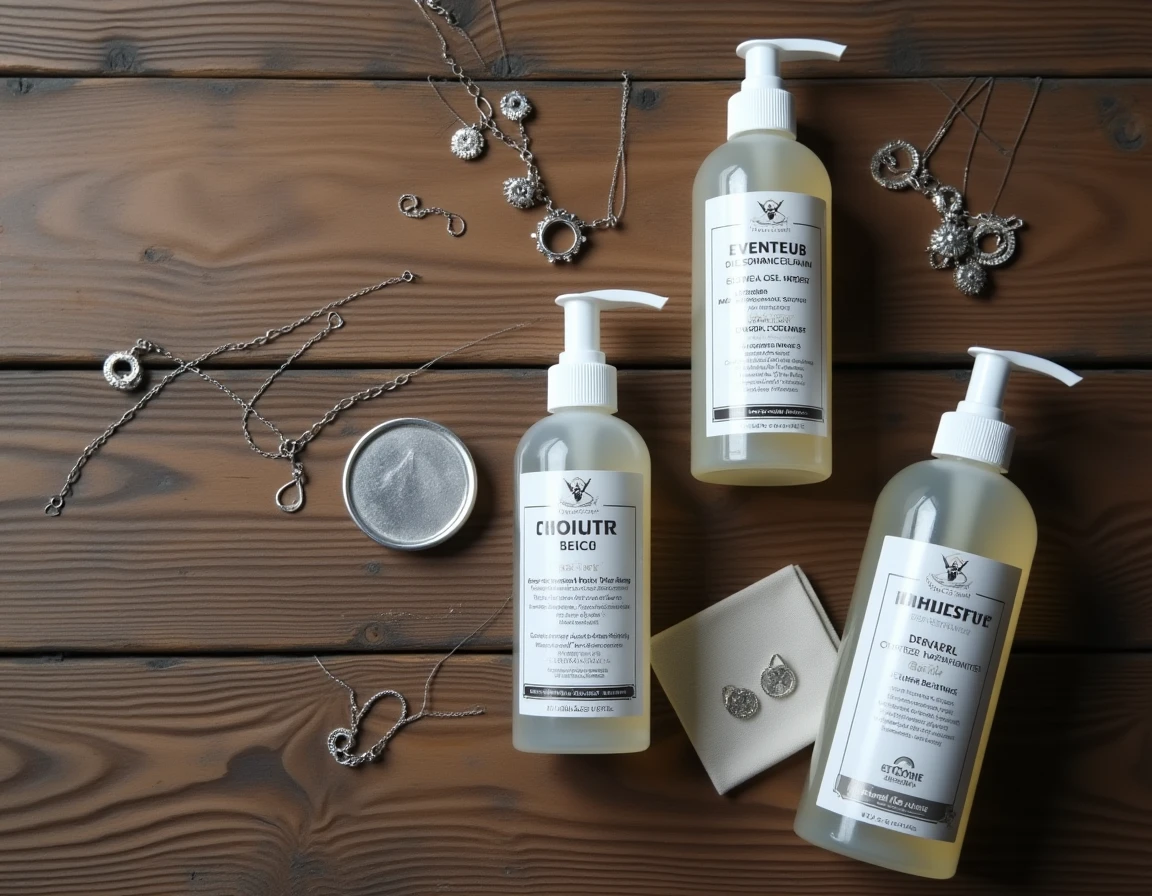 Vue de dessus de trois flacons de nettoyant pour bijoux en argent avec étiquettes détaillées posés sur une surface en bois, entourés de bijoux en argent et d'un chiffon de polissage
