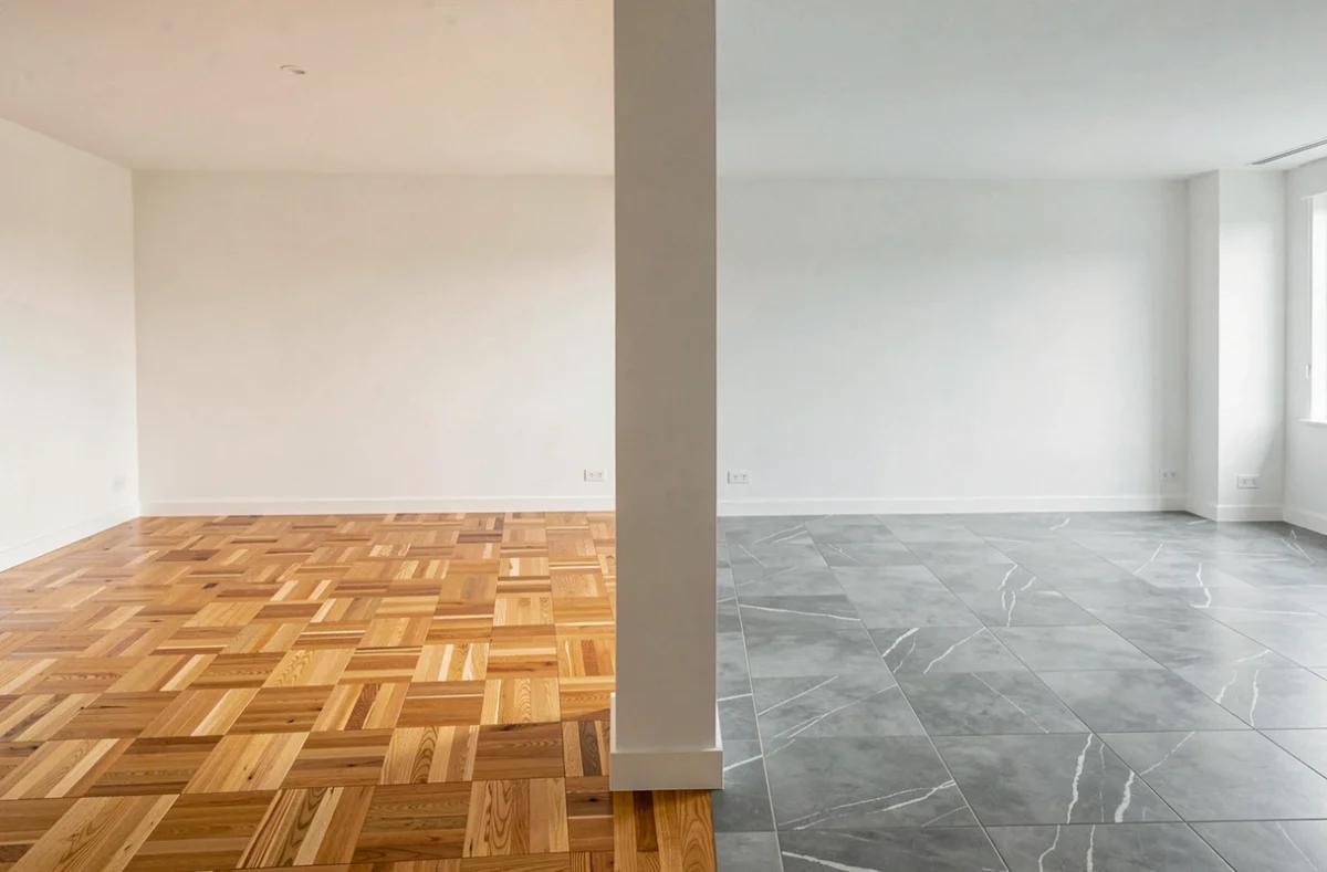 Comparaison entre parquet en chêne et carrelage gris dans deux pièces adjacentes d'un appartement moderne