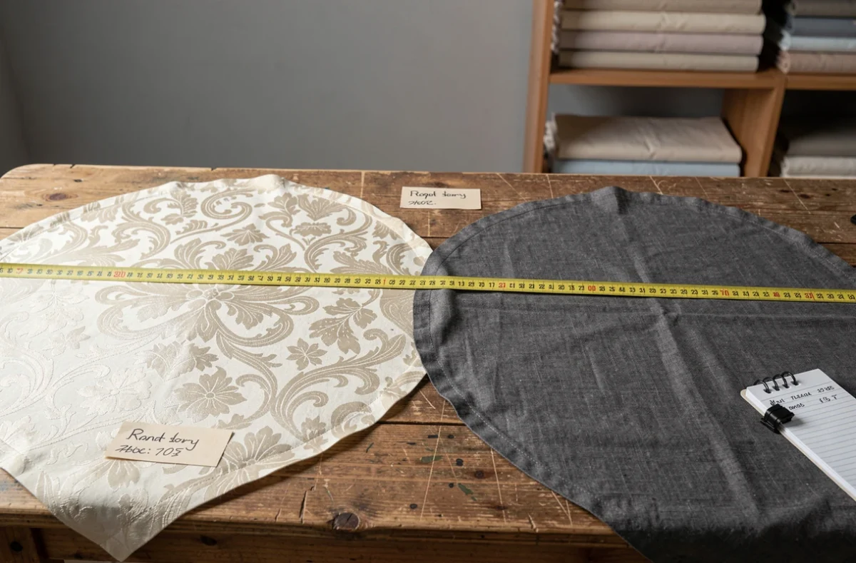 Comparaison de deux nappes rondes de diamètres différents avec un mètre ruban sur une table en bois, pour choisir la bonne taille pour une table ronde 10 personnes