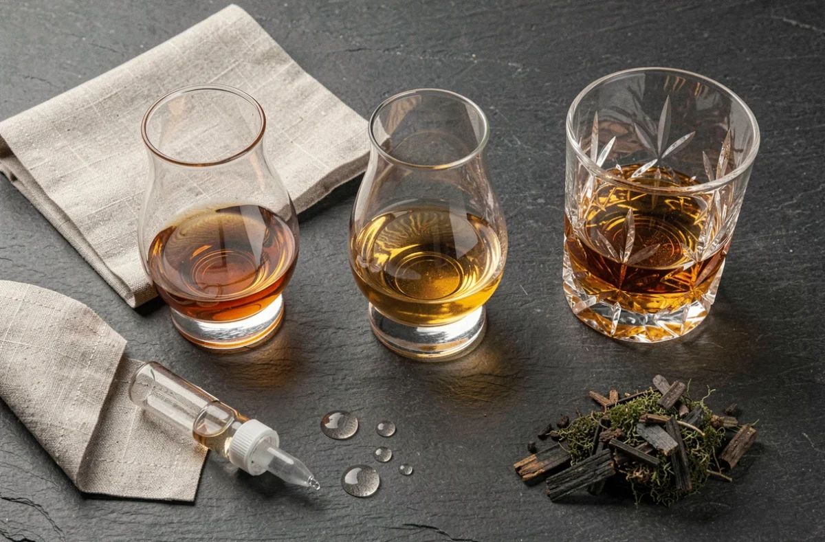 Comparaison de trois verres en cristal pour whisky tourbé — Glencairn, copita tulipe et tumbler — disposés en flat lay sur une ardoise sombre avec accessoires de dégustation