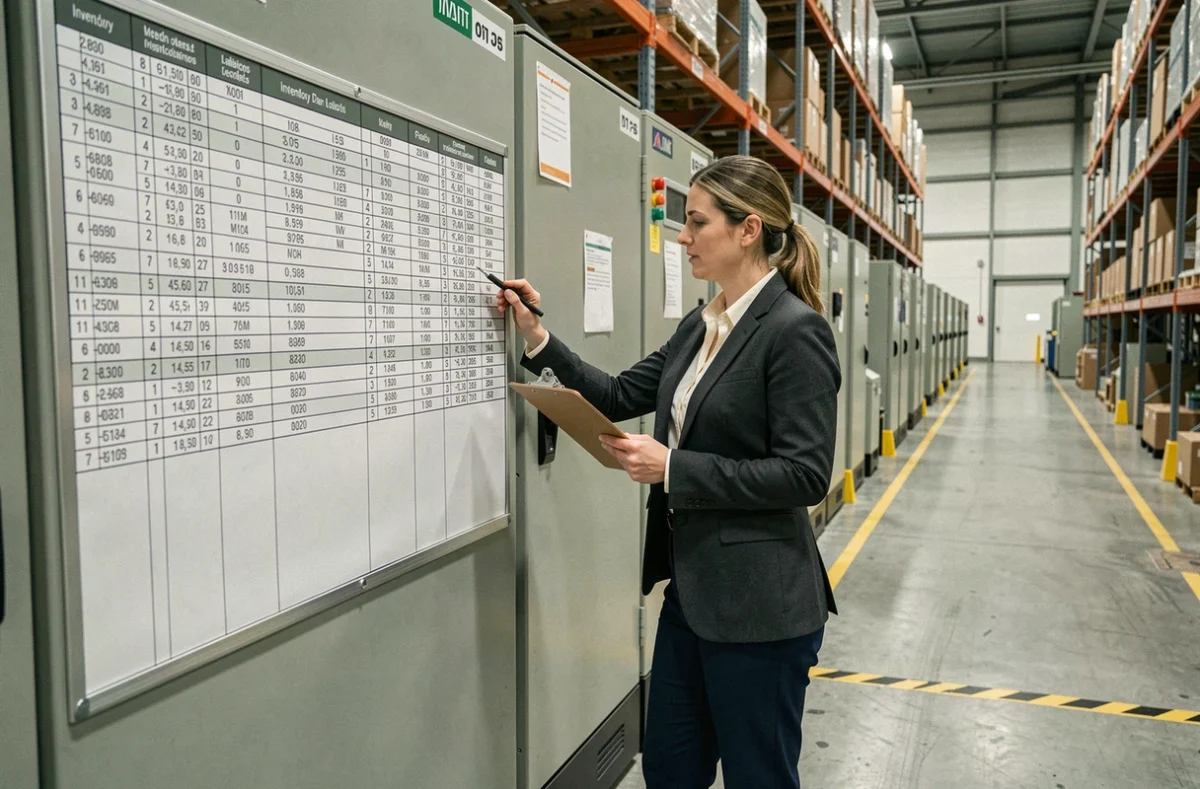 Coordinatrice logistique dans un entrepôt municipal vérifiant l'inventaire lors d'un achat B34 pour collectivités
