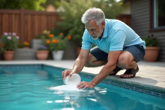 Homme ajoutant un produit correcteur d'alcalinité dans une piscine extérieure en mesurant soigneusement la dose