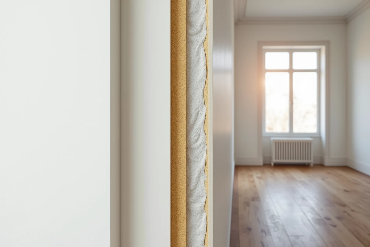Coupe transversale d'un mur intérieur isolé montrant les différentes couches de matériaux isolants dont mousse polyuréthane et plaque de plâtre