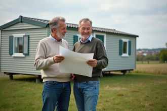 Couple en campagne devant un mobile home en discussion