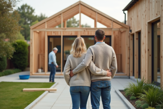 Couple regardant la construction d'une extension de maison
