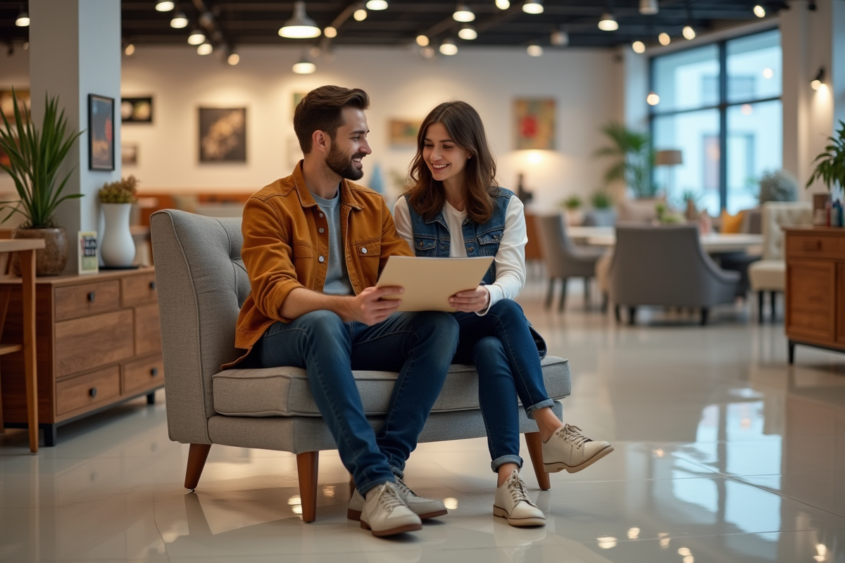Jeune couple discutant de meubles dans un magasin