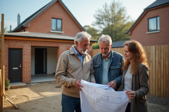 Couple en jeans et pulls examinant des plans de construction dans leur jardin