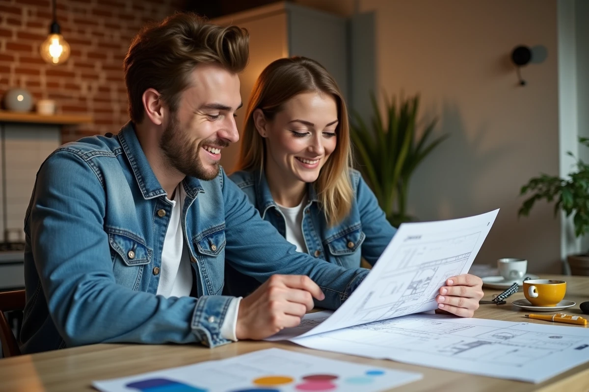 Jeune couple souriant en rénovant leur cuisine moderne