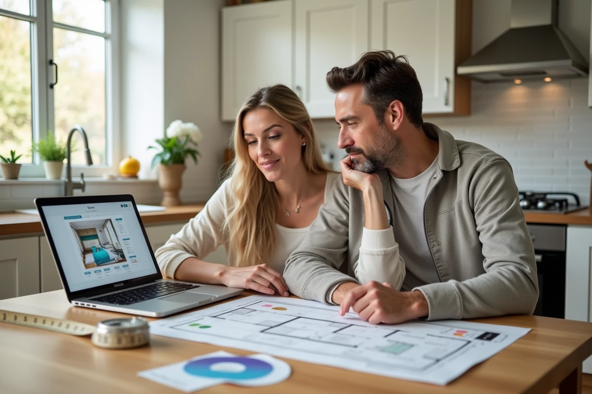 Couple planifiant des travaux de rénovation à la cuisine avec un logiciel de plan en ligne et des échantillons de matériaux Leroy Merlin étalés sur la table