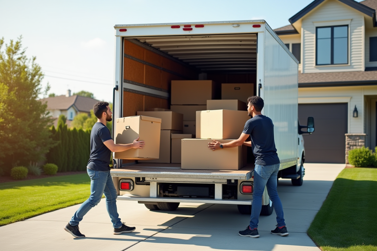 Demenageurs chargeant des cartons dans un camion moderne