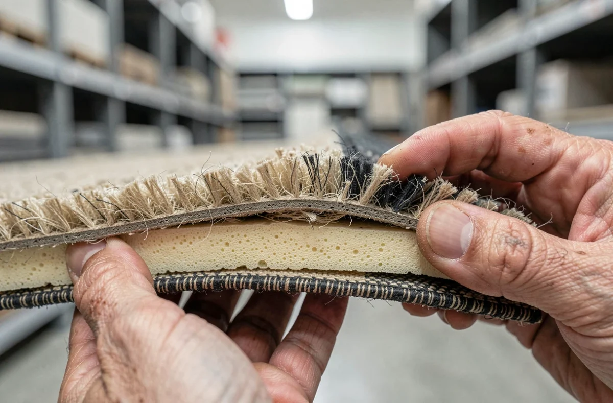 Gros plan sur la coupe transversale d'une moquette isolante thermique montrant la couche de mousse et les fibres épaisses