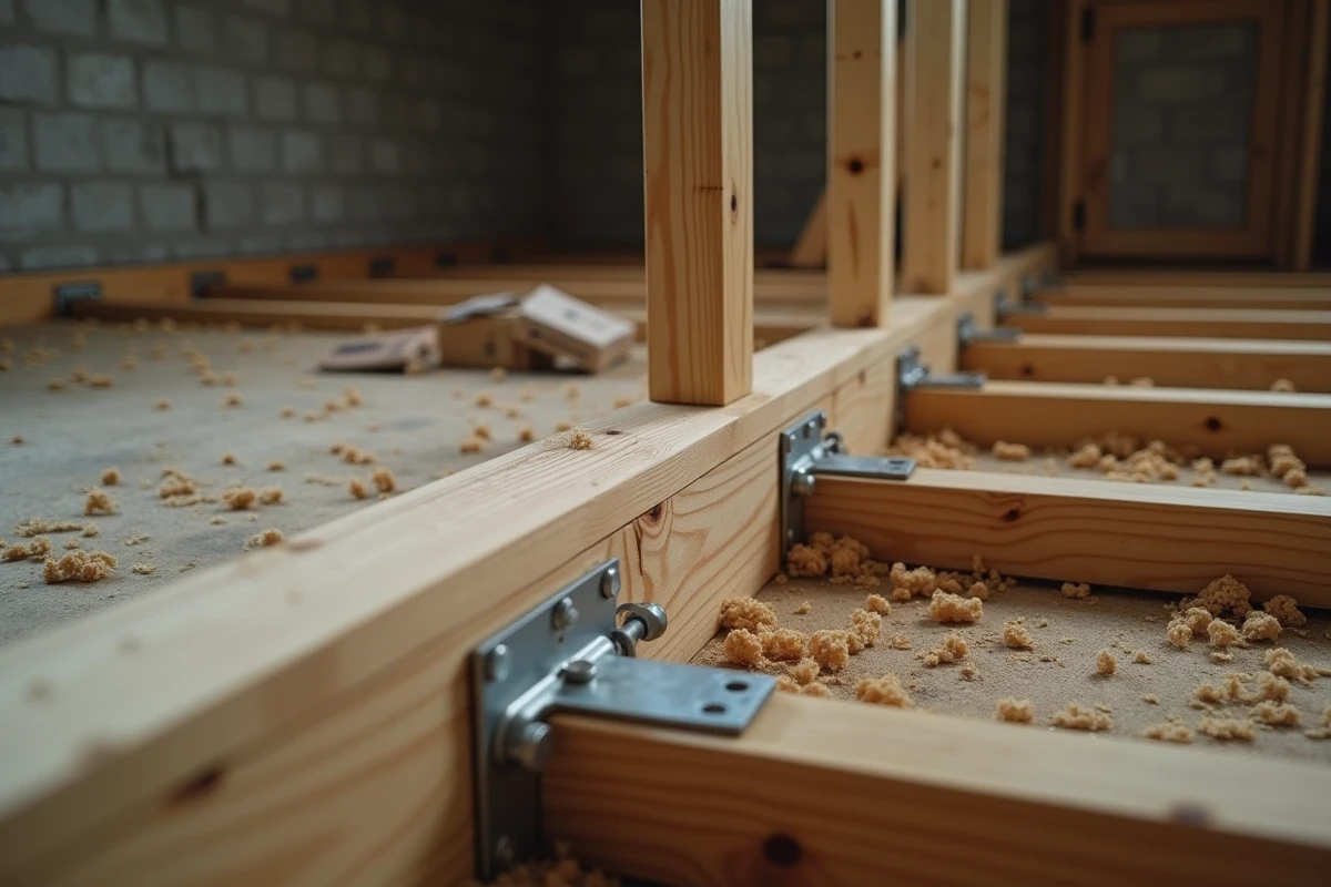 Détail d'une structure de lambourde et solive avec étriers métalliques sur chantier de rénovation