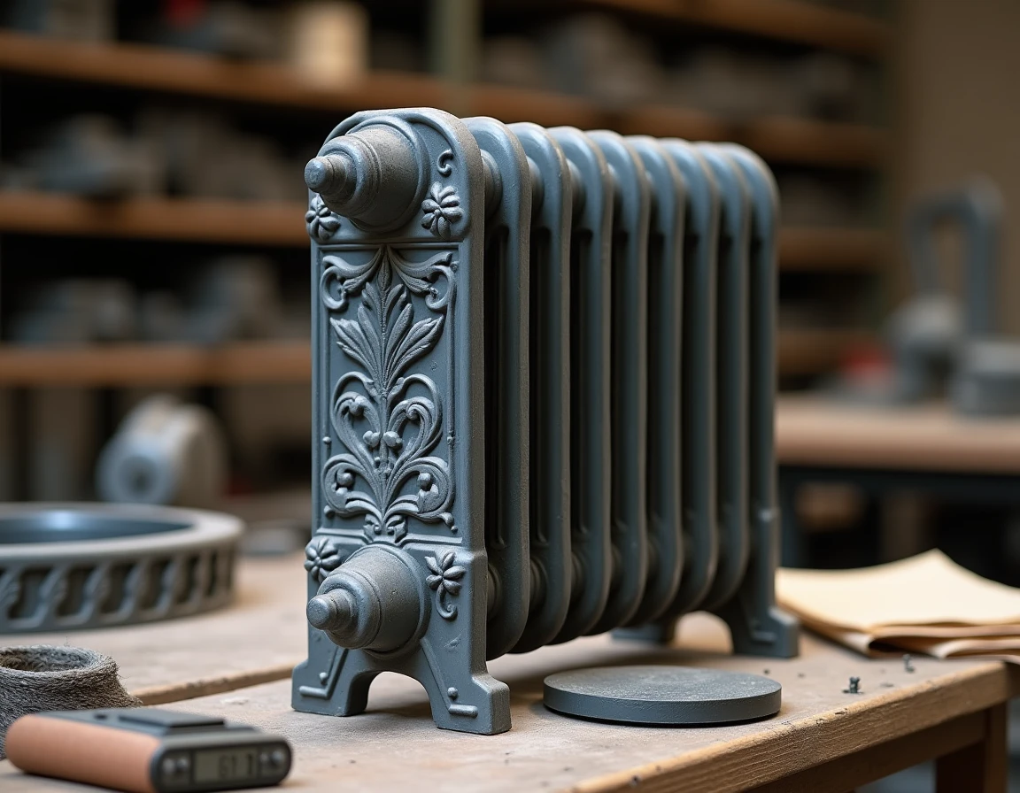 Détail en gros plan d'une section de radiateur en fonte restaurée sur un établi d'artisan avec balance de pesage
