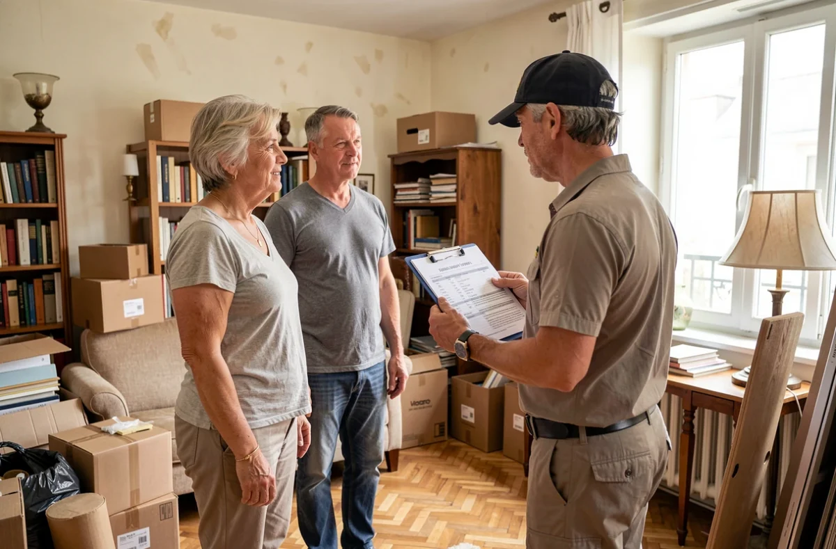 Couple discutant d'un devis de débarras avec un professionnel dans un appartement encombré