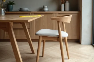 Chaise en bois moderne positionnée à côté d'une table à manger en chêne, montrant l'écart idéal entre l'assise et le plateau de table, avec un mètre ruban posé sur la chaise