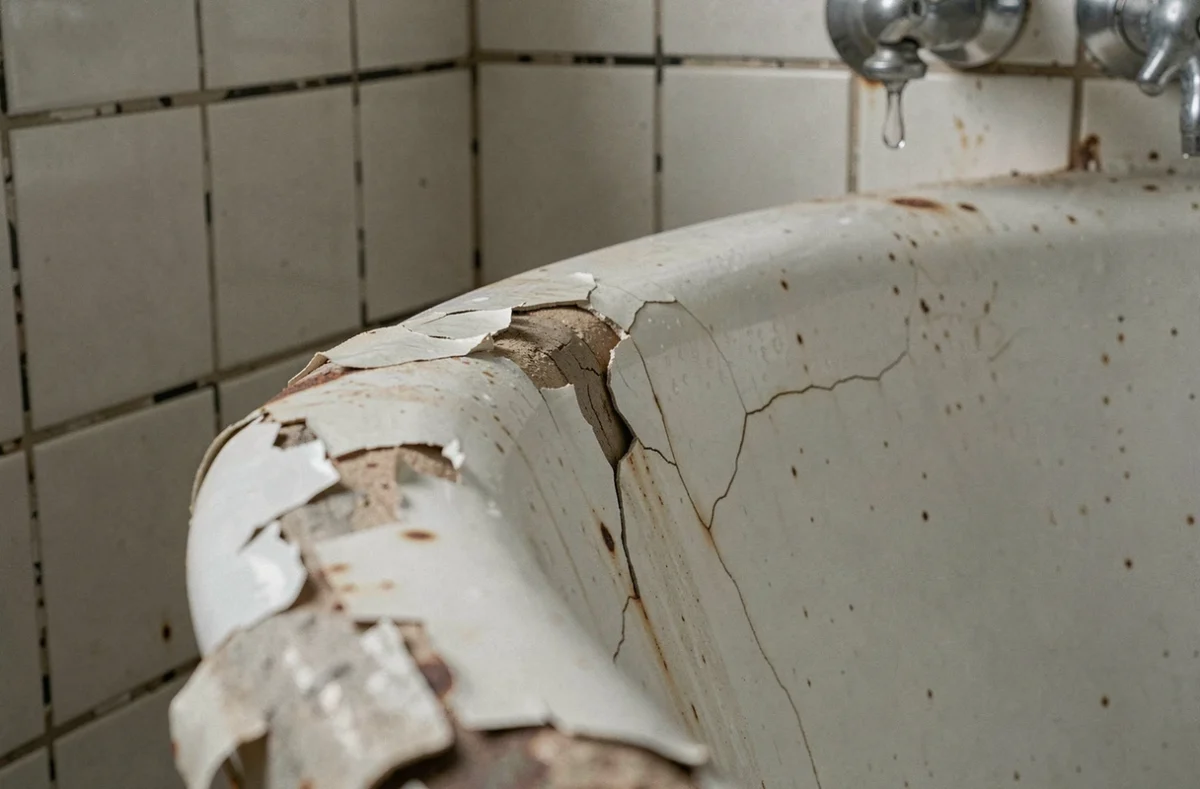 Gros plan sur la peinture écaillée et les traces d'humidité sur le bord d'une vieille baignoire en porcelaine nécessitant une rénovation