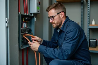 Électricien professionnel inspectant un câble électrique épais près d'une borne de recharge installée dans un garage